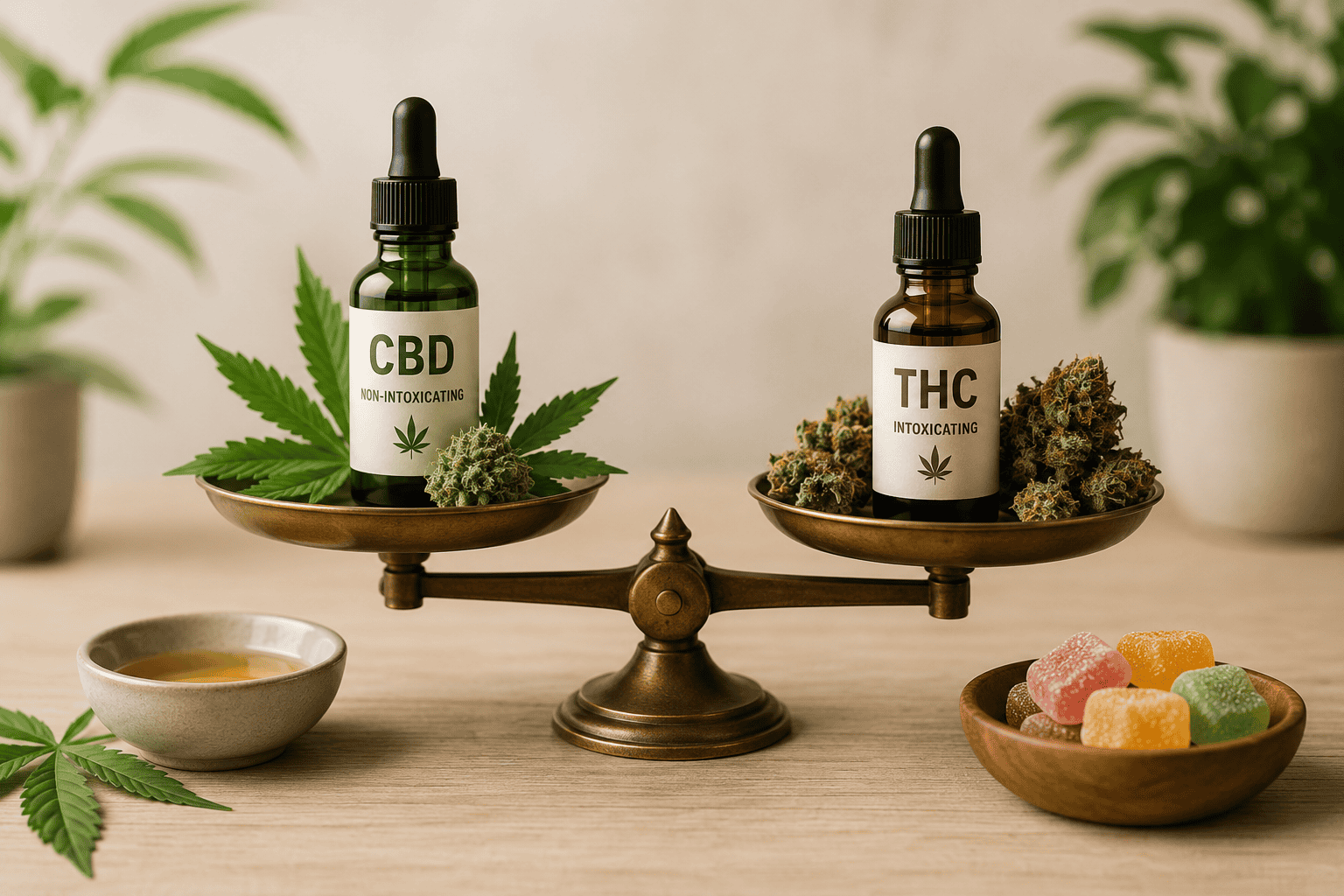 Lifestyle image of balanced CBD and THC products displayed on a vintage scale with cannabis flower, CBD oil, and infused gummies.