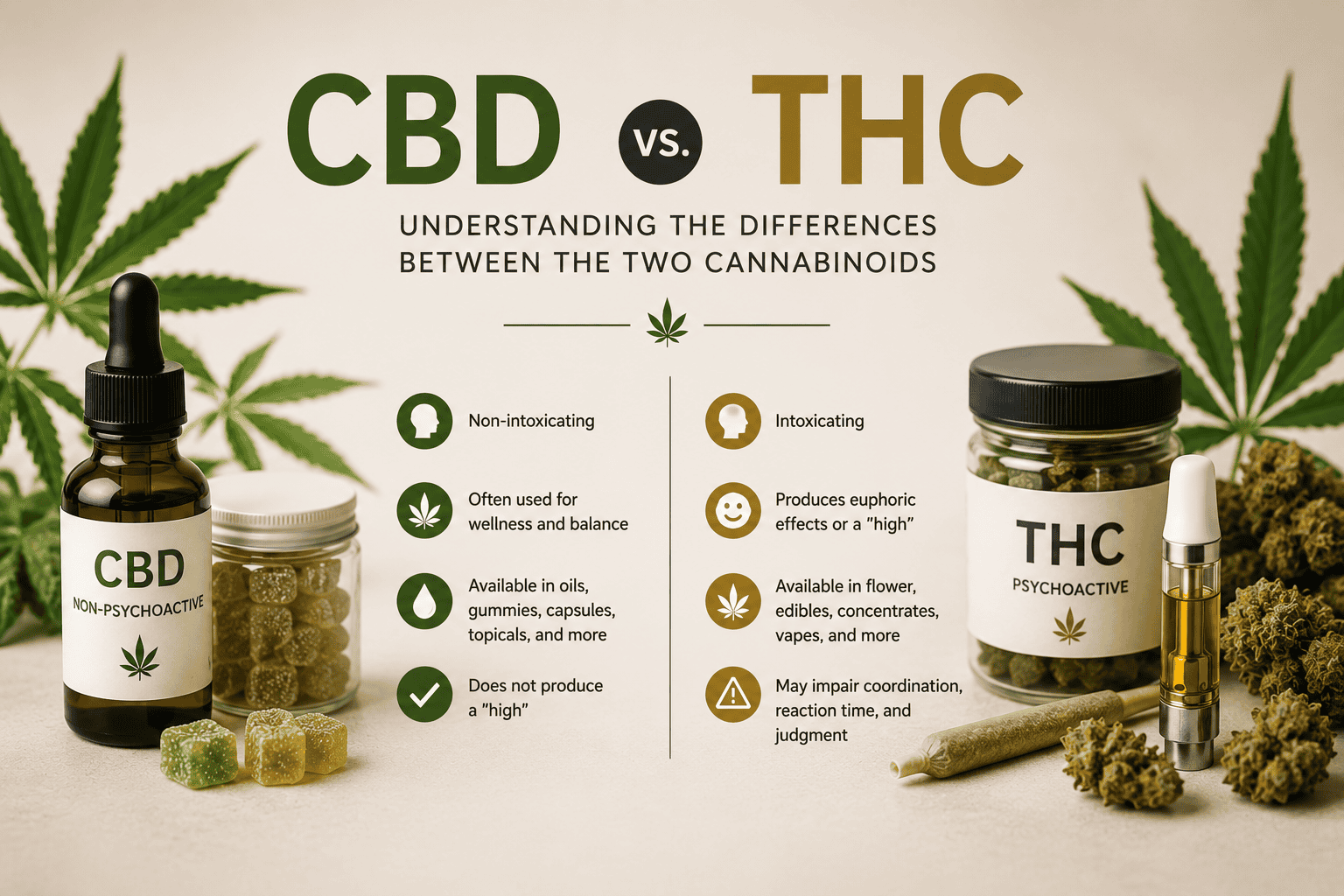 Infographic comparing CBD and THC, highlighting differences in psychoactive effects, common product types, and cannabinoid characteristics.