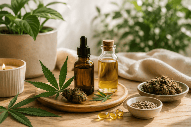 CBD and THC products displayed in a natural wellness setting with cannabis flower, CBD oil, and softgel capsules.