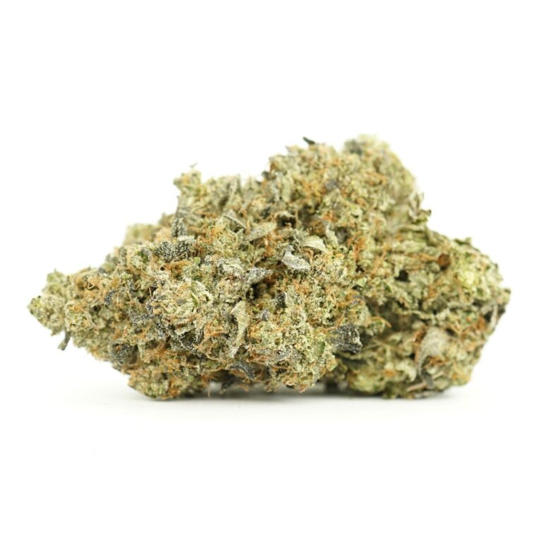 Close-up of Candy Kush cannabis bud with frosty trichomes and orange pistils on a white background.