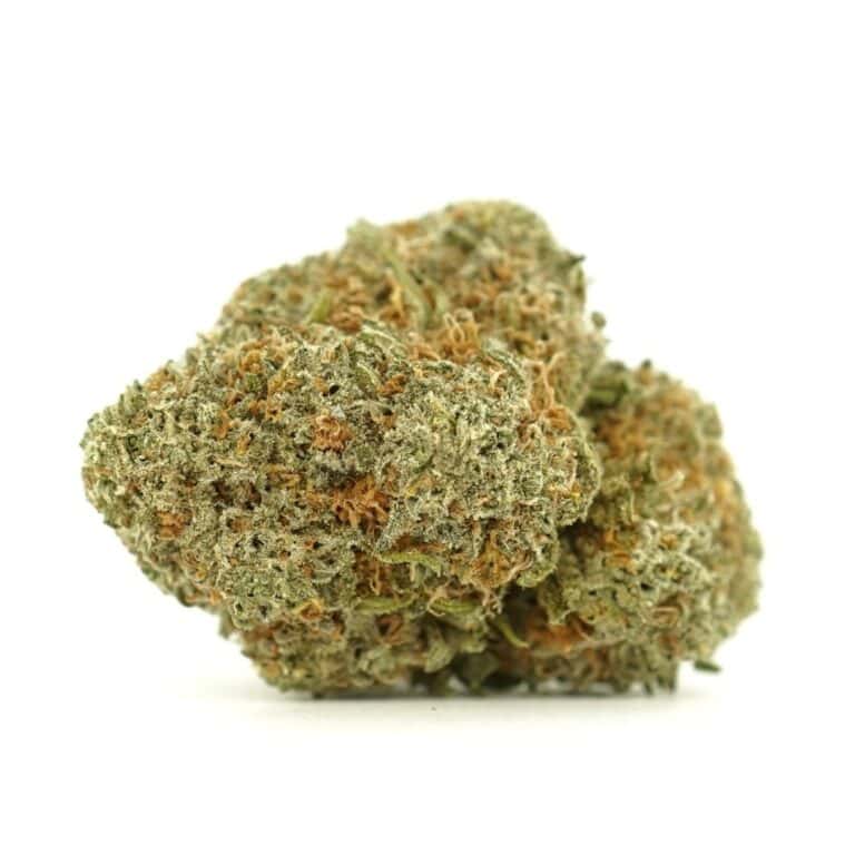 Close-up image of cannabis buds with frosty trichomes on a crisp white background