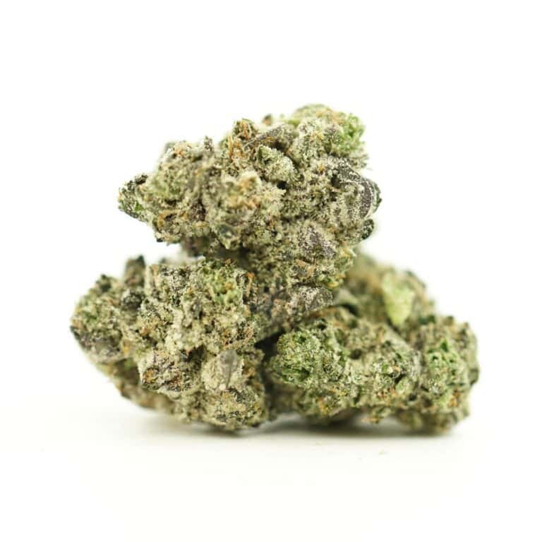 close-up image of white death smalls cannabis bud with frosty trichomes on a crisp white background