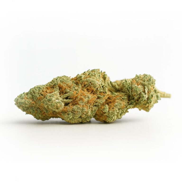 High-resolution cannabis bud on a crisp white background, showing detailed trichomes and natural green and orange coloration