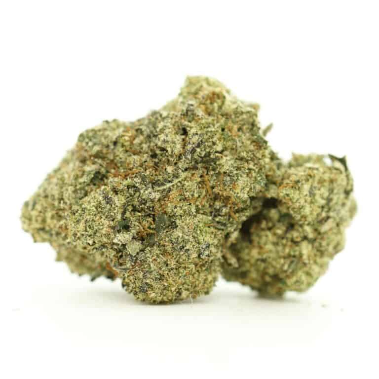 death star close-up image of cannabis bud with frosty trichomes on a crisp white background