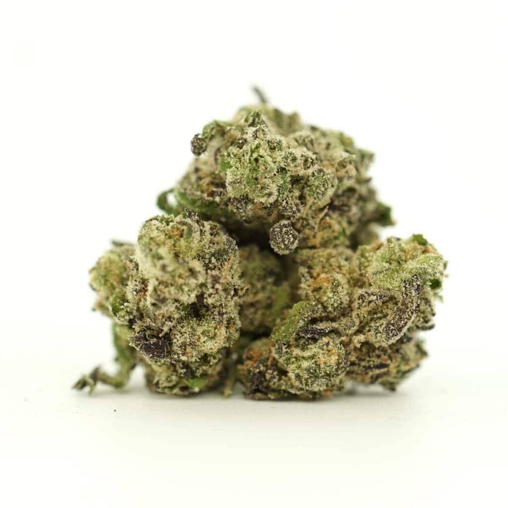 close-up jolly rancher smalls image of cannabis buds with frosty trichomes on a crisp white background