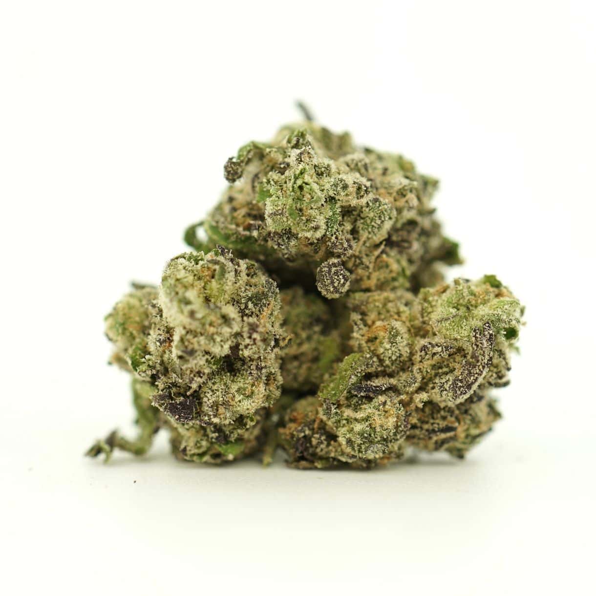 close-up jolly rancher smalls image of cannabis buds with frosty trichomes on a crisp white background