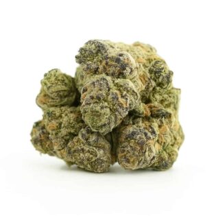 close-up of a single cannabis bud on a crisp white background, showing dense structure, frosty trichomes, and natural green and purple hues with balanced lighting and depth.