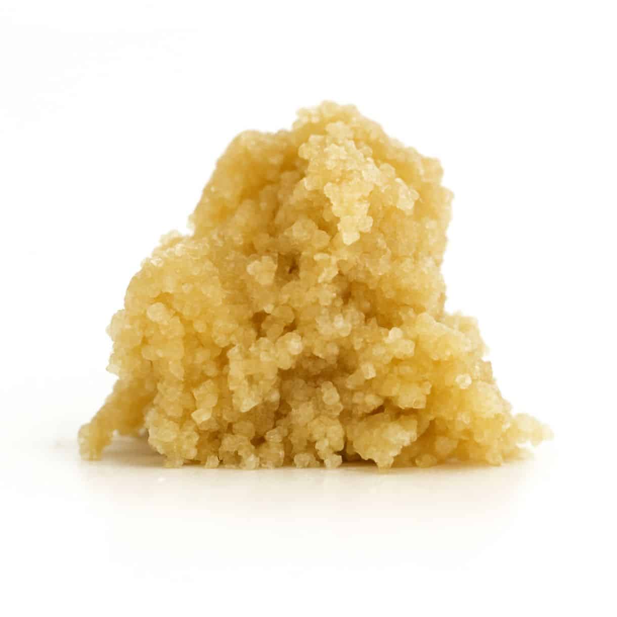 Photorealistic close-up of a light golden cannabis concentrate on a crisp white background.