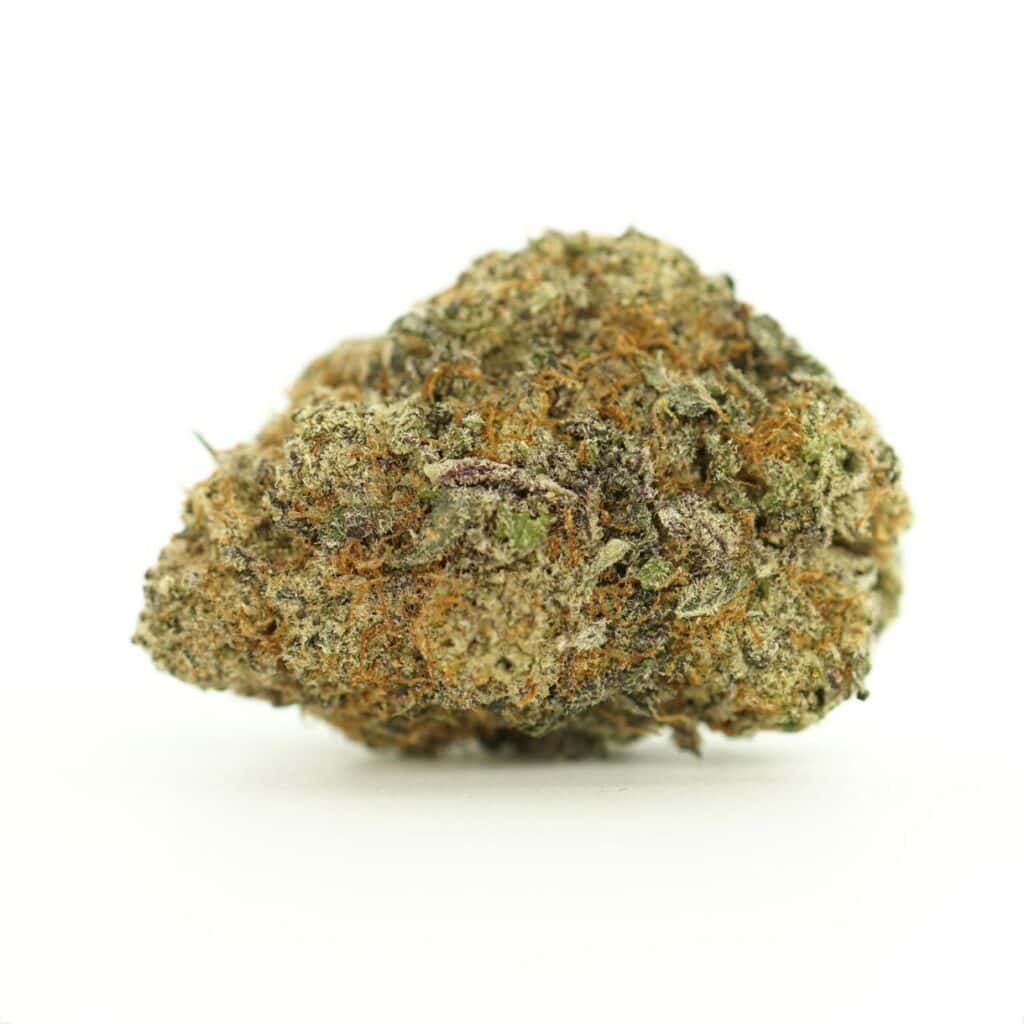 layer cake close-up image of cannabis bud with frosty trichomes on a crisp white background