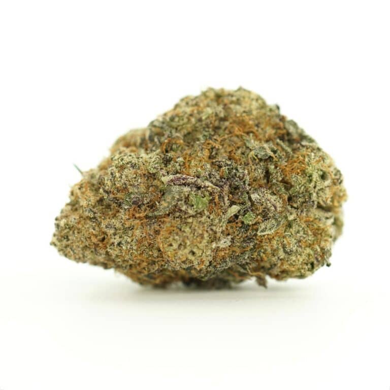 layer cake close-up image of cannabis bud with frosty trichomes on a crisp white background