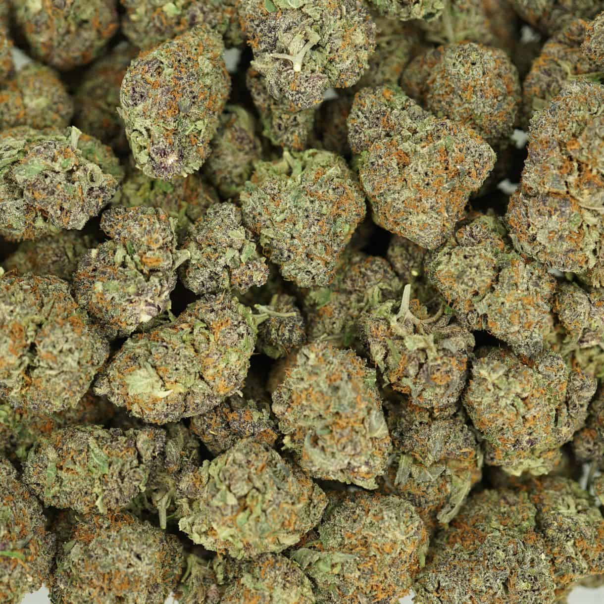 cookies and cream runtz top view of cannabis buds with dense structure, frosty trichomes, and light green coloration