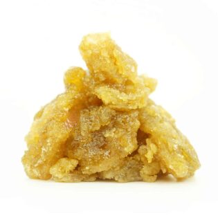 Close-up image of golden cannabis concentrate with a rich, glossy, and crystalline texture, piled in a small mound on a clean white background.