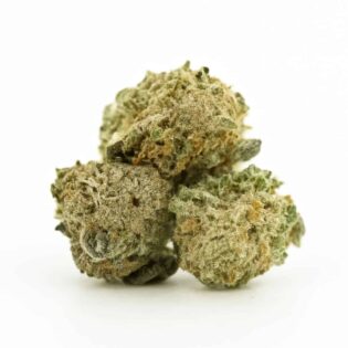 Three high-resolution cannabis buds arranged on a crisp white background, displaying natural green tones, subtle orange pistils, and frosty trichomes with balanced, soft lighting.