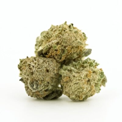 Three high-resolution cannabis buds arranged on a crisp white background, displaying natural green tones, subtle orange pistils, and frosty trichomes with balanced, soft lighting.