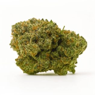 close-up of a dense cannabis bud with green and orange hues, coated in frosty trichomes, displayed on a crisp white background.
