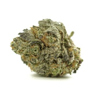 Close-up image of cannabis bud with frosty trichomes on a crisp white background