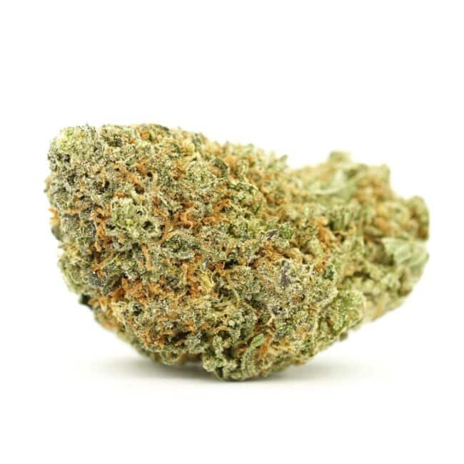 Blue Coma cannabis bud — frosty trichome-covered hybrid flower with green and orange pistils, premium bulk cannabis strain
