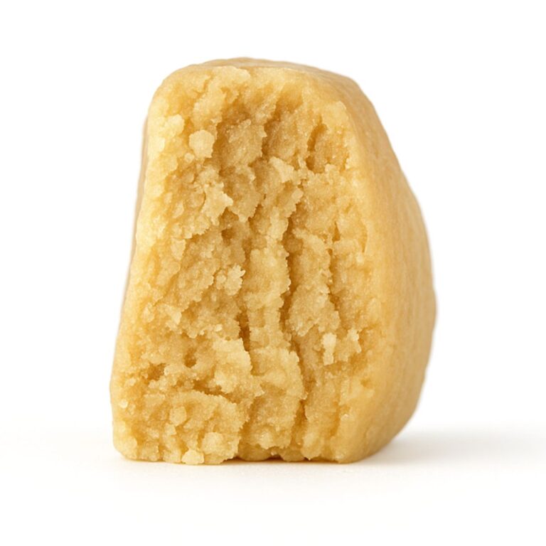 close-up of a light beige, crumbly concentrate piece displayed on a crisp white background, showing fine granular texture and natural depth with soft, even lighting.