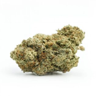 Close-up of a dense cannabis bud showcasing frosty trichomes, orange pistils, and natural green hues on a crisp white background.