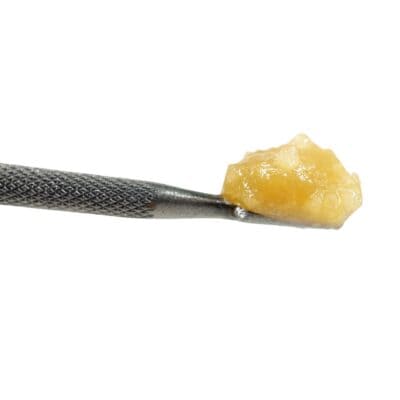 Photorealistic close-up of golden cannabis concentrate on a metal dab tool against a crisp white background.