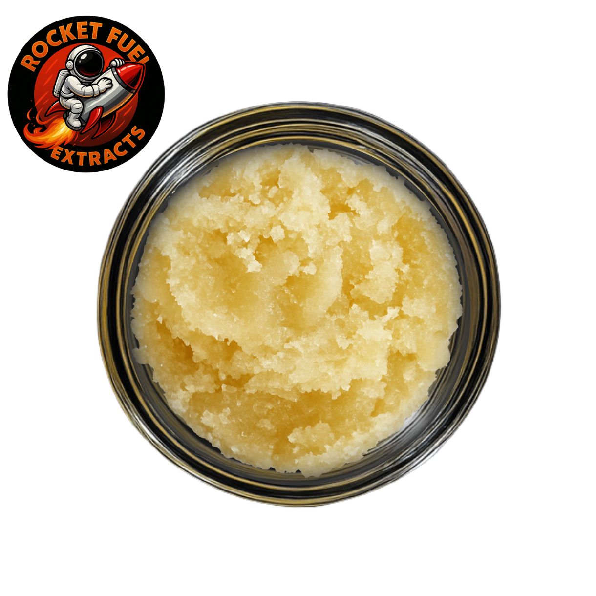 Golden yellow cannabis concentrate in a glass jar with the Rocket Fuel Extracts logo in the corner, displayed on a clean white background.