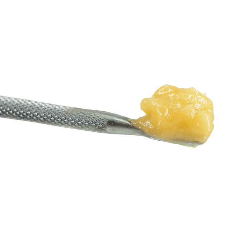 High-quality cannabis budder on a metal dab tool against a clean white background, showcasing smooth texture and golden color.
