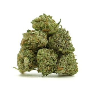 Close-up of dense green cannabis flowers with visible orange pistils on a white background.