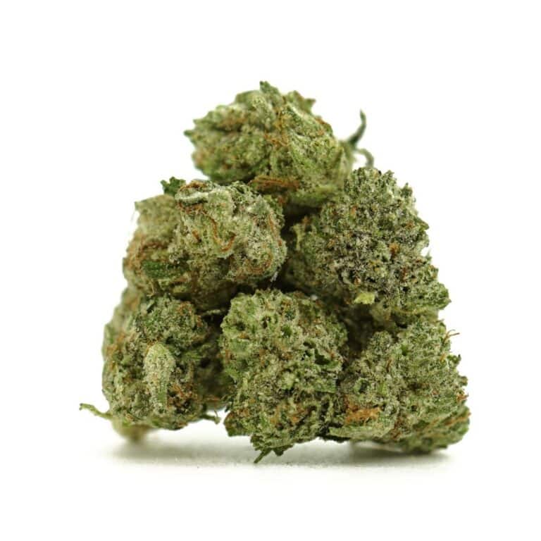 Close-up of dense green cannabis flowers with visible orange pistils on a white background.