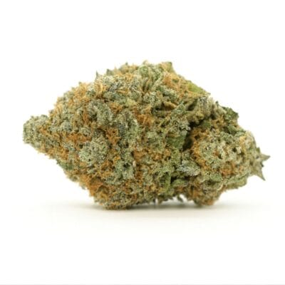 Photorealistic cannabis bud on a crisp white background, featuring dense trichomes, natural green hues, and bright orange pistils with balanced lighting.