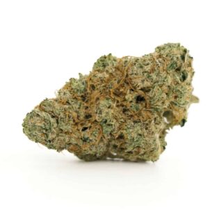Photorealistic cannabis bud on a crisp white background, showing detailed trichomes, natural green tones, and orange pistils with balanced lighting.