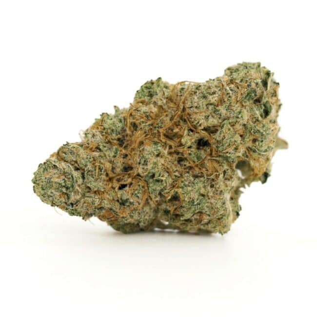 Photorealistic cannabis bud on a crisp white background, showing detailed trichomes, natural green tones, and orange pistils with balanced lighting.