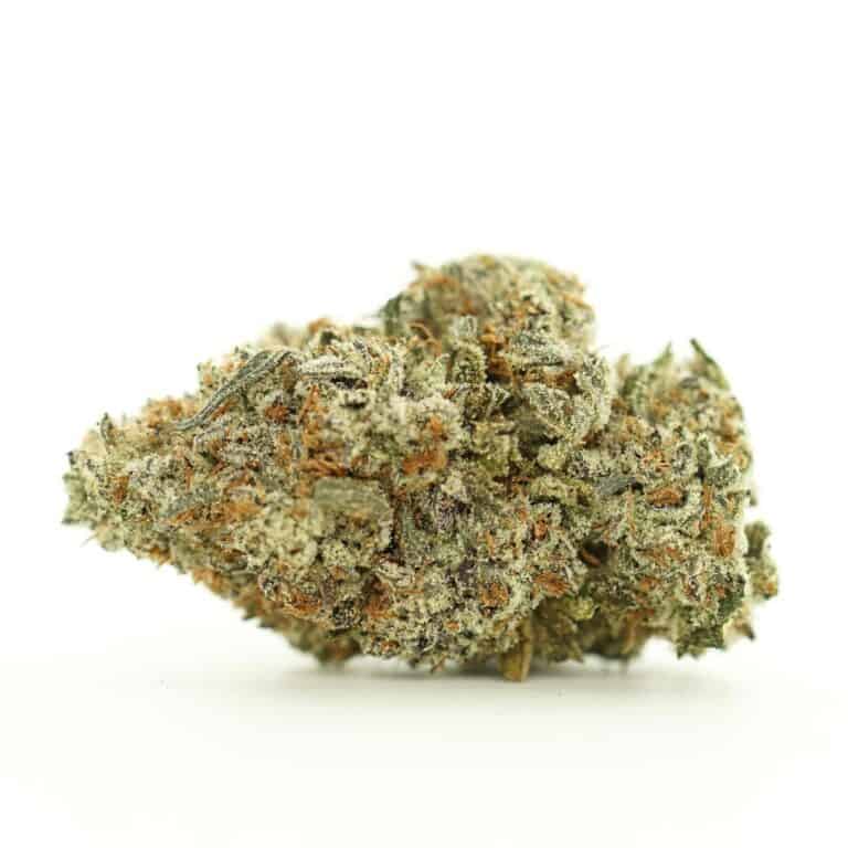 rainbow cake close-up image of cannabis bud with frosty trichomes on a crisp white background