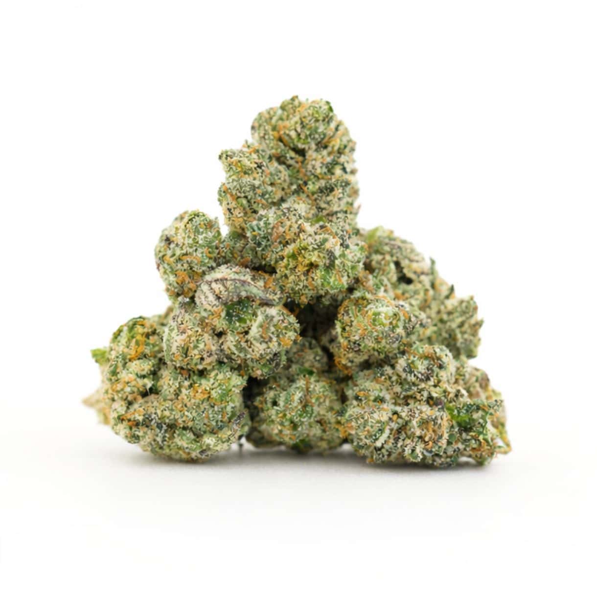 Close-up photorealistic image of dense cannabis buds with green hues, orange pistils, and visible trichomes on a crisp white background.