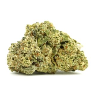 Close-up of cannabis bud with trichomes, orange hairs, and dense green flower on a white background.