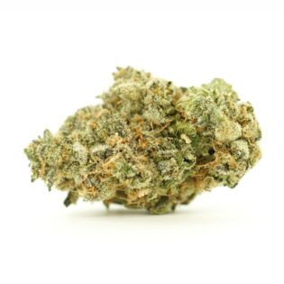 Black Diamond indica-dominant hybrid cannabis bud, showcasing dense structure, heavy trichome coverage, and green tones with orange pistils on a white background