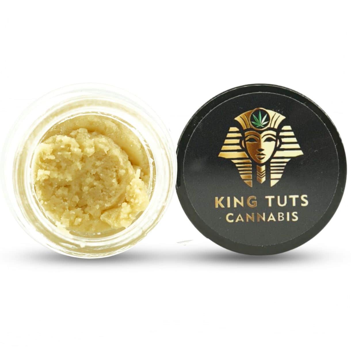 king louie lll Open container of light-golden cannabis concentrate with a creamy, whipped texture beside a King Tuts Cannabis branded lid on a white background.