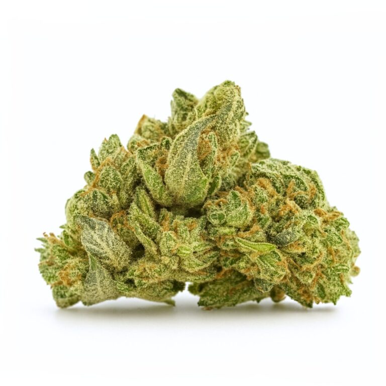 High-resolution close-up of premium cannabis flower on a clean white background, showcasing dense trichomes, vibrant green hues, and natural orange pistils with realistic texture and depth.
