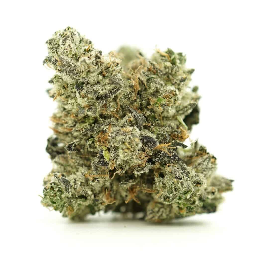 rockstar bubba Close-up image of cannabis bud with frosty trichomes on a crisp white background