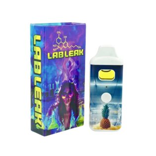 LAB LEAK vape cartridge with pineapple design displayed next to colorful neon packaging featuring a female scientist illustration