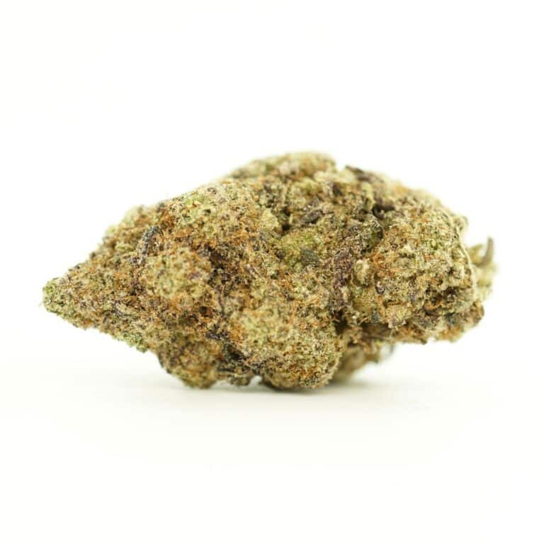 gorilla mac close-up image of cannabis bud with frosty trichomes on a crisp white background