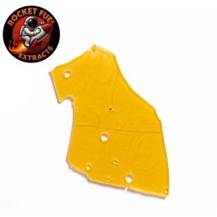 Golden cannabis shatter extract with smooth translucent texture on a crisp white background, Rocket Fuel Extracts logo visible in the corner