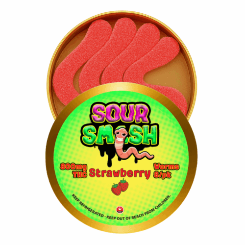 SOUR SMASH WORMS - STRAWBERRY 8/pk (800mg THC)