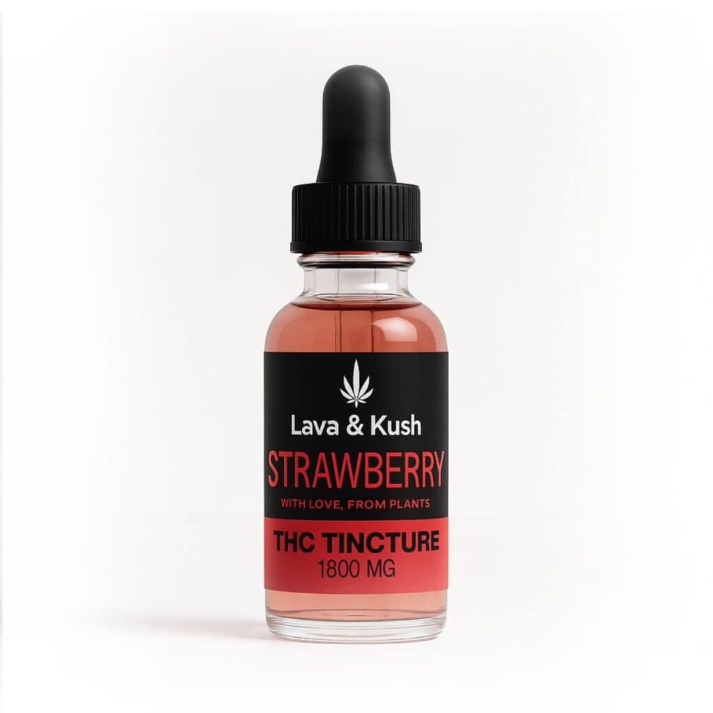 Strawberry THC tincture bottle labeled “Lava & Kush Strawberry THC Tincture 1800 mg” on a white background, featuring a glass dropper bottle with black cap.