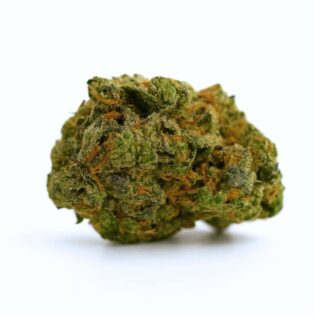 close-up of a premium cannabis bud on a crisp white background, showcasing dense texture, vibrant green hues, and orange pistils with visible trichome detail.