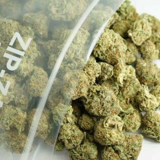 Bulk cannabis buds in clear zip bag — dense green nugs with orange pistils, premium wholesale cannabis flower