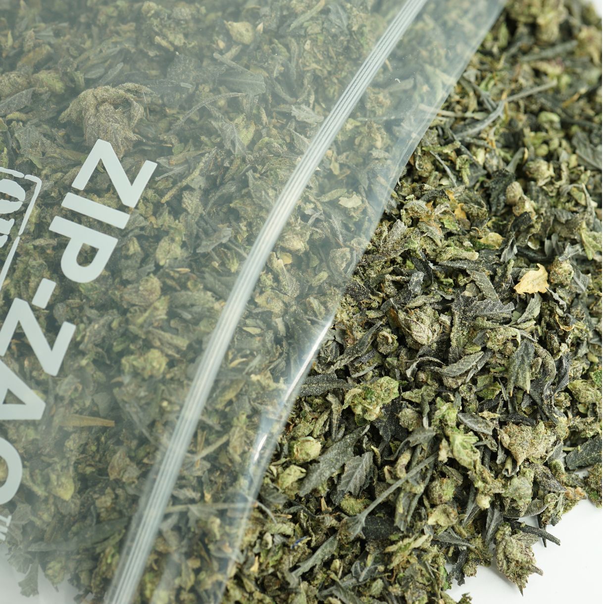 Close-up of cannabis trim in a clear Zip-Zag bag, showing dried leaves, stems, and shake on a white background.