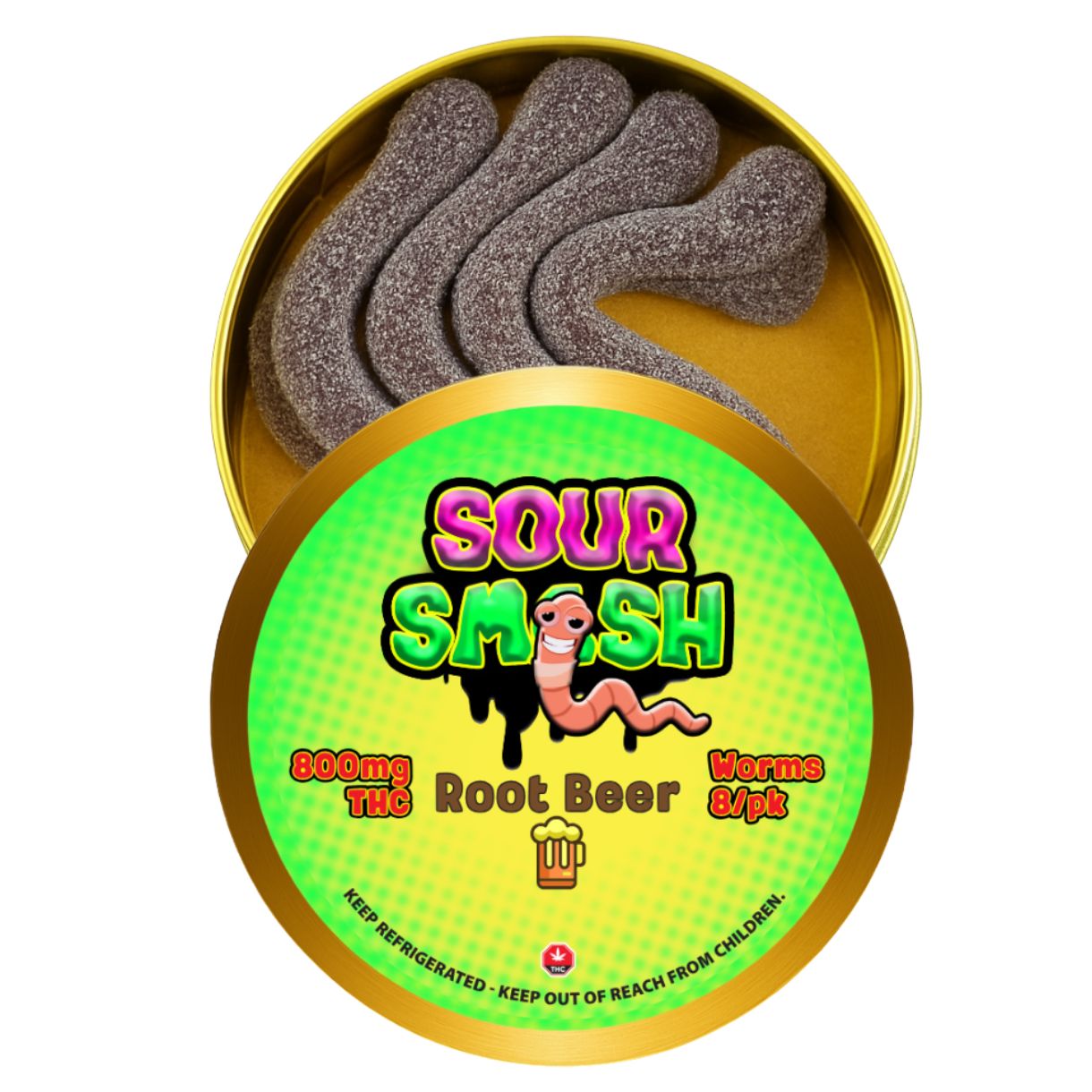 SOUR SMASH WORMS - ROOT BEER 8/pk (800mg THC)