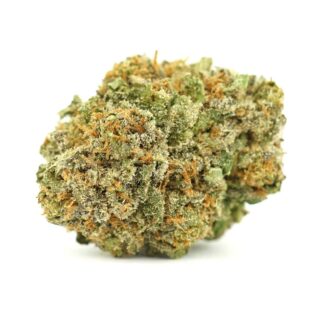 Macro shot of dense cannabis flower with frosty trichomes, green hues, and orange pistils on a white background