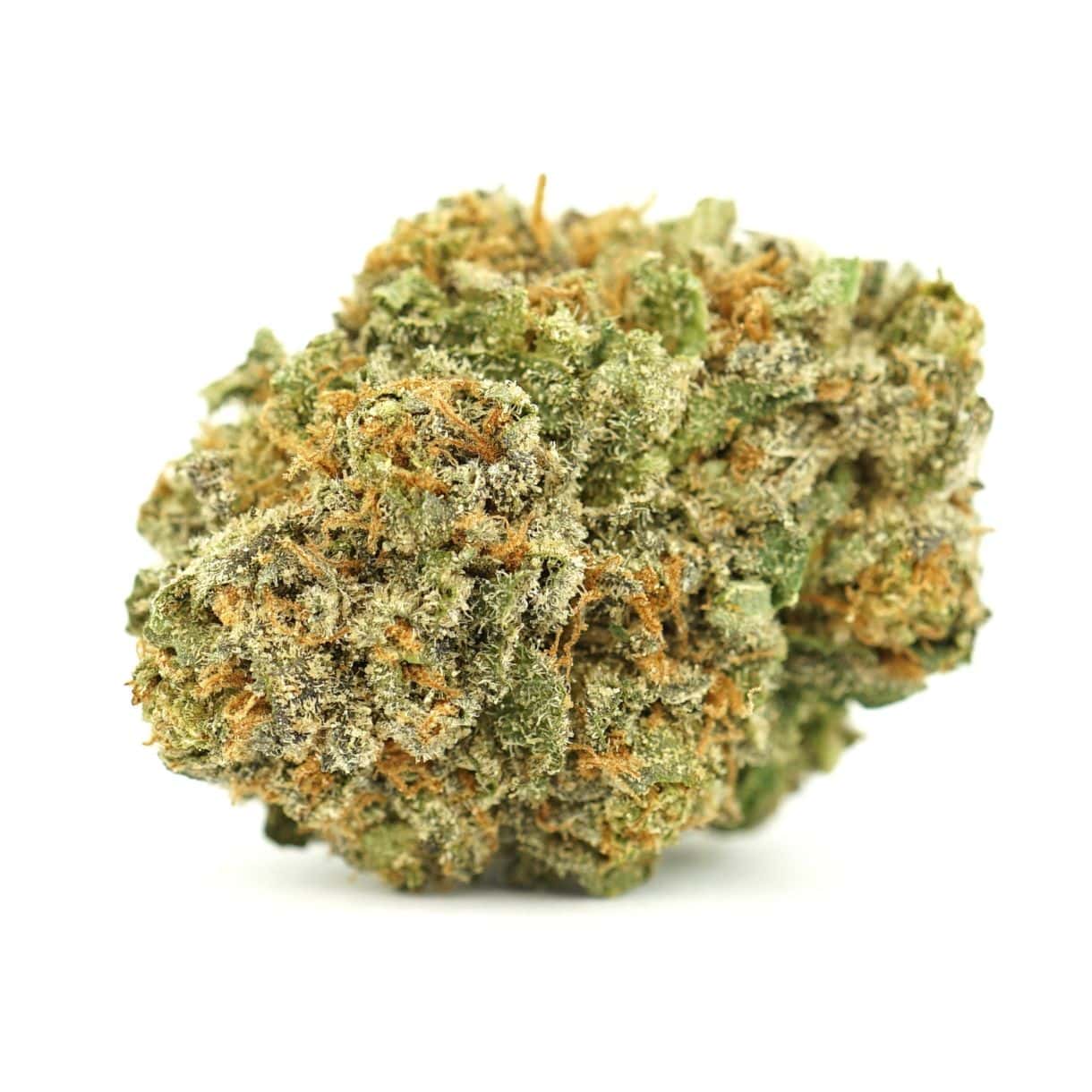 Macro shot of dense cannabis flower with frosty trichomes, green hues, and orange pistils on a white background