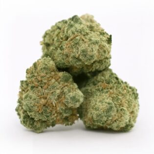 close-up of three cannabis buds arranged in a small pyramid on a crisp white background, showcasing balanced green hues, orange pistils, and frosty trichomes with natural depth and clarity.